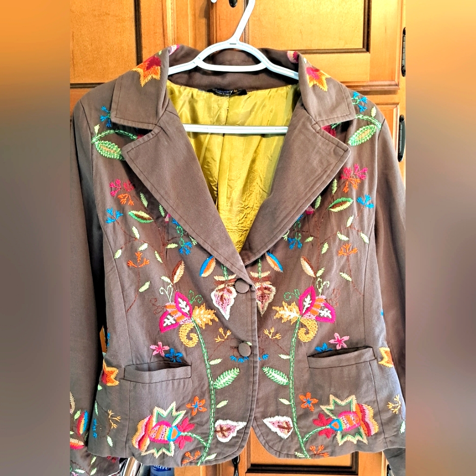 Gorgeous Chaudry Kc Brown Floral Boho Embroidered Jacket Silk Lining Sz Small